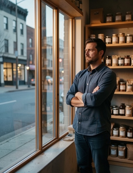 A business owner stands in their well-kept shop at dusk, looking out at the empty street.
