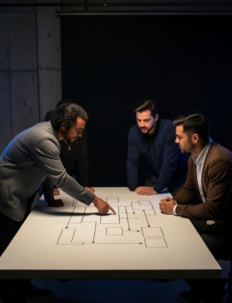 The GROWJOLT team gathered around a table, working through a strategy plan.